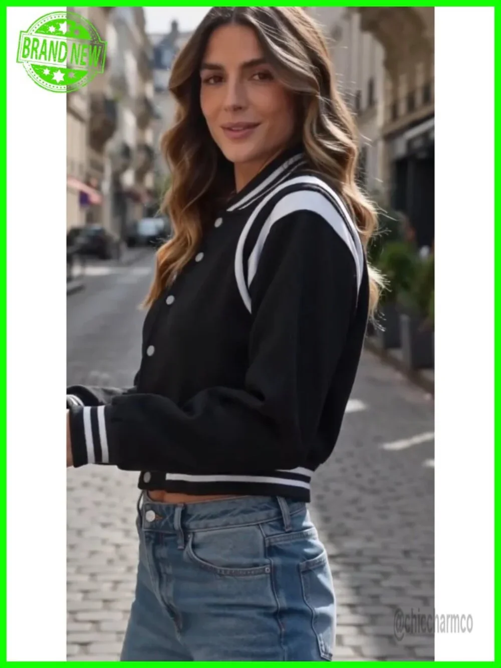 Cropped Varsity Baseball Jacket Snap Button Long Sleeve Polyester Women